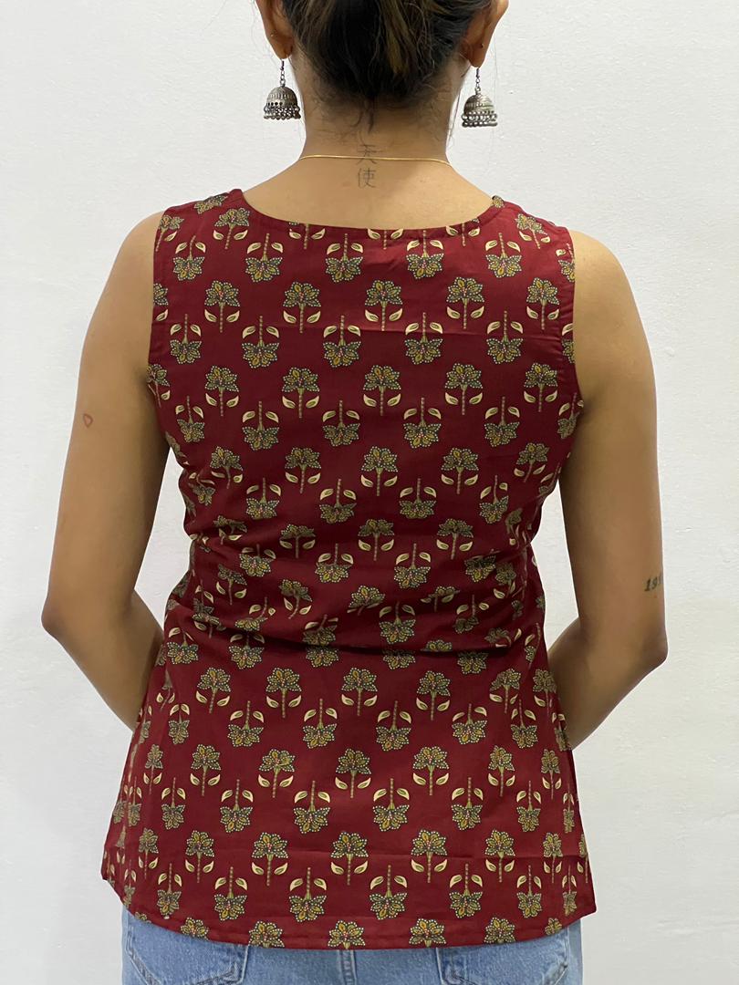 Rust Cotton Sleeveless Kurti