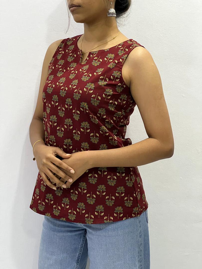 Rust Cotton Sleeveless Kurti