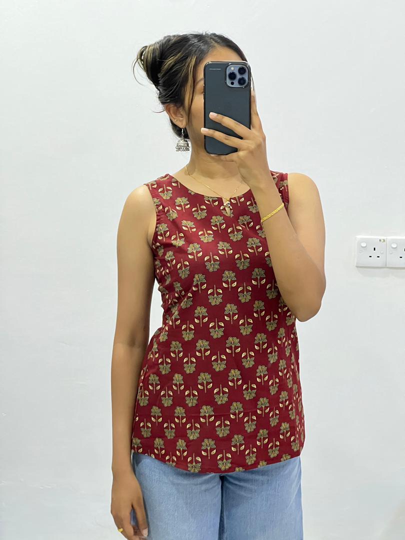 Rust Cotton Sleeveless Kurti